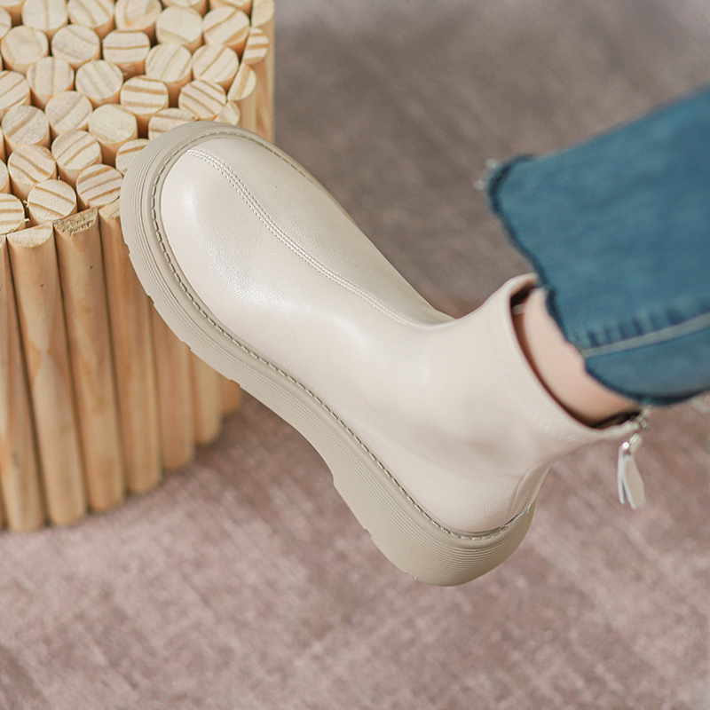 弹力瘦瘦靴法式圆头厚底加绒短靴