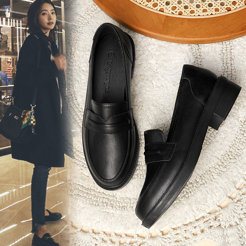 英伦风小皮鞋女2025秋季新款韩版百搭方头单鞋中跟粗跟真皮乐福鞋,女鞋,浅口单鞋,淘宝优惠券,粉丝福利购,淘宝优惠卷