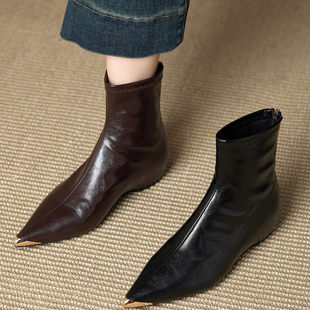 内增高短靴女2025秋冬季新款后拉链百搭瘦瘦靴复古尖头加绒马丁靴