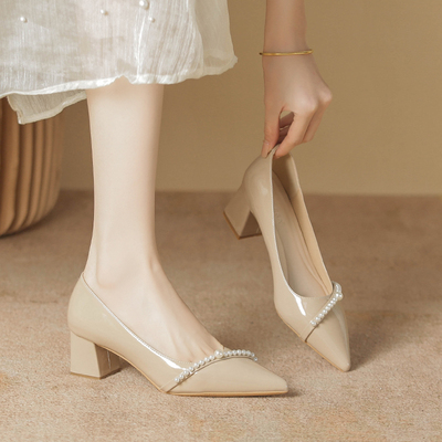 裸色春秋工作鞋粗跟高跟鞋不累脚