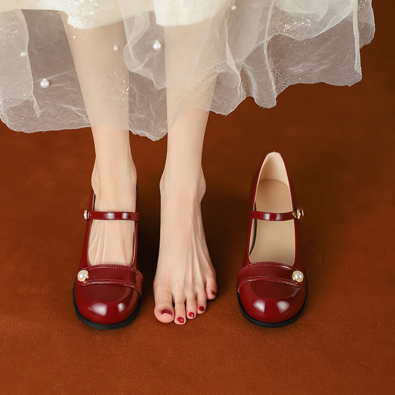 一字带真皮玛丽珍鞋女2025春季新款粗跟单鞋法式珍珠酒红色结婚鞋,女鞋,浅口单鞋,淘宝优惠券,粉丝福利购,淘宝优惠卷