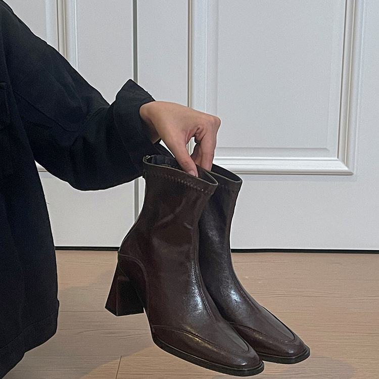 法式方头瘦瘦靴百搭复古加绒短靴