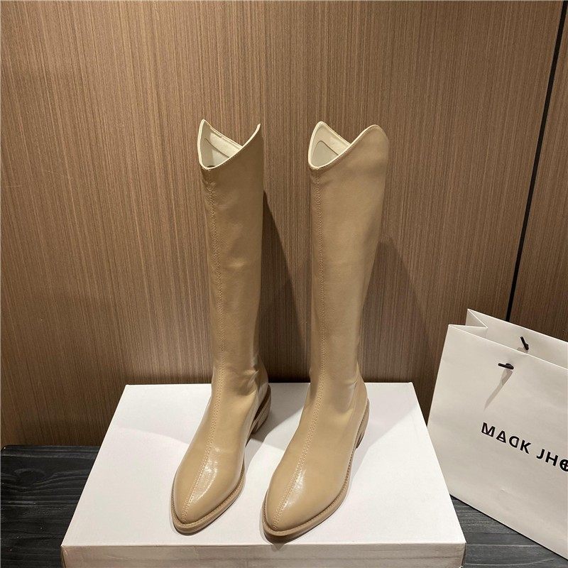 长筒靴女真皮小个子尖头粗跟2025秋冬新款法式高跟加绒V口骑士靴,女鞋,骑士靴,淘宝优惠券,粉丝福利购,淘宝优惠卷