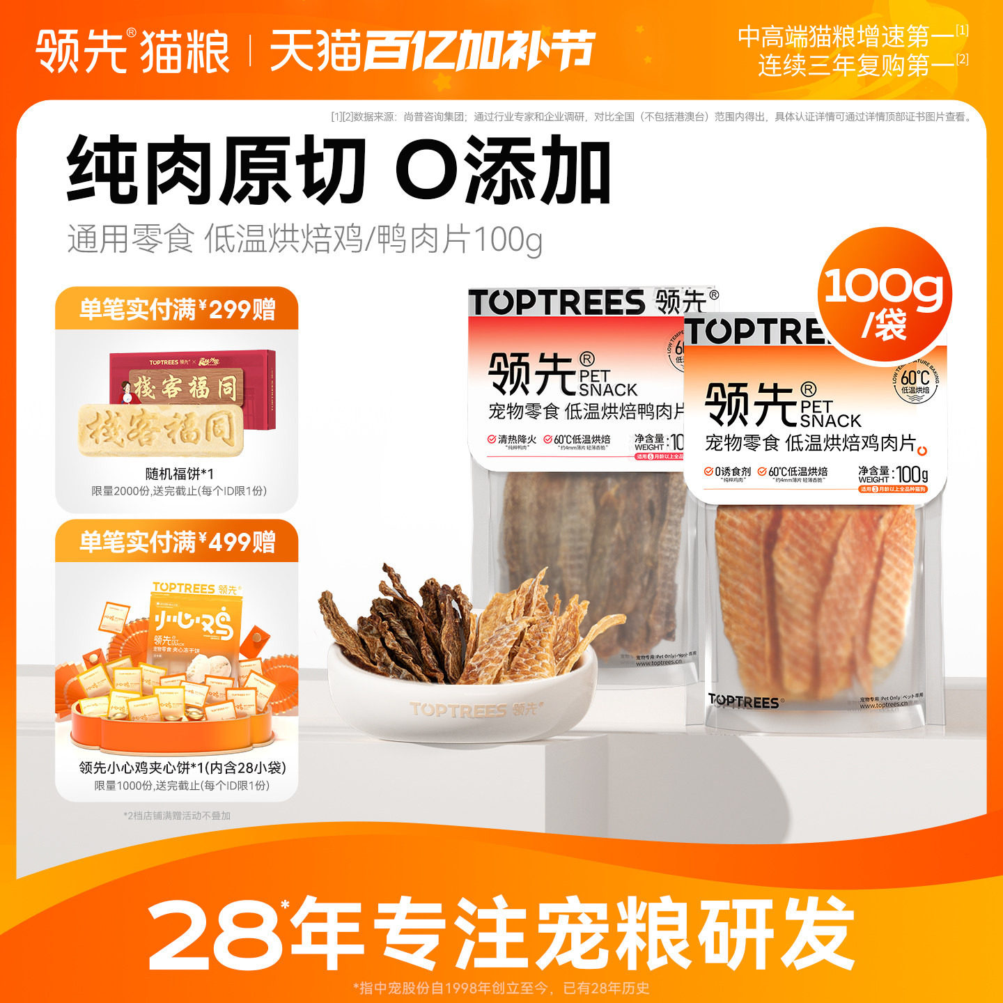 领先烘焙鸡肉鸭肉片零食肉干狗狗猫咪通用宠物犬磨牙棒训练100g