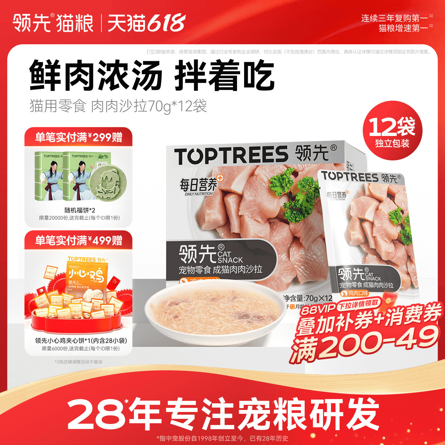 领先猫用肉肉沙拉猫咪零食罐头成幼猫湿粮补水汤包肉汤包70g*12袋
