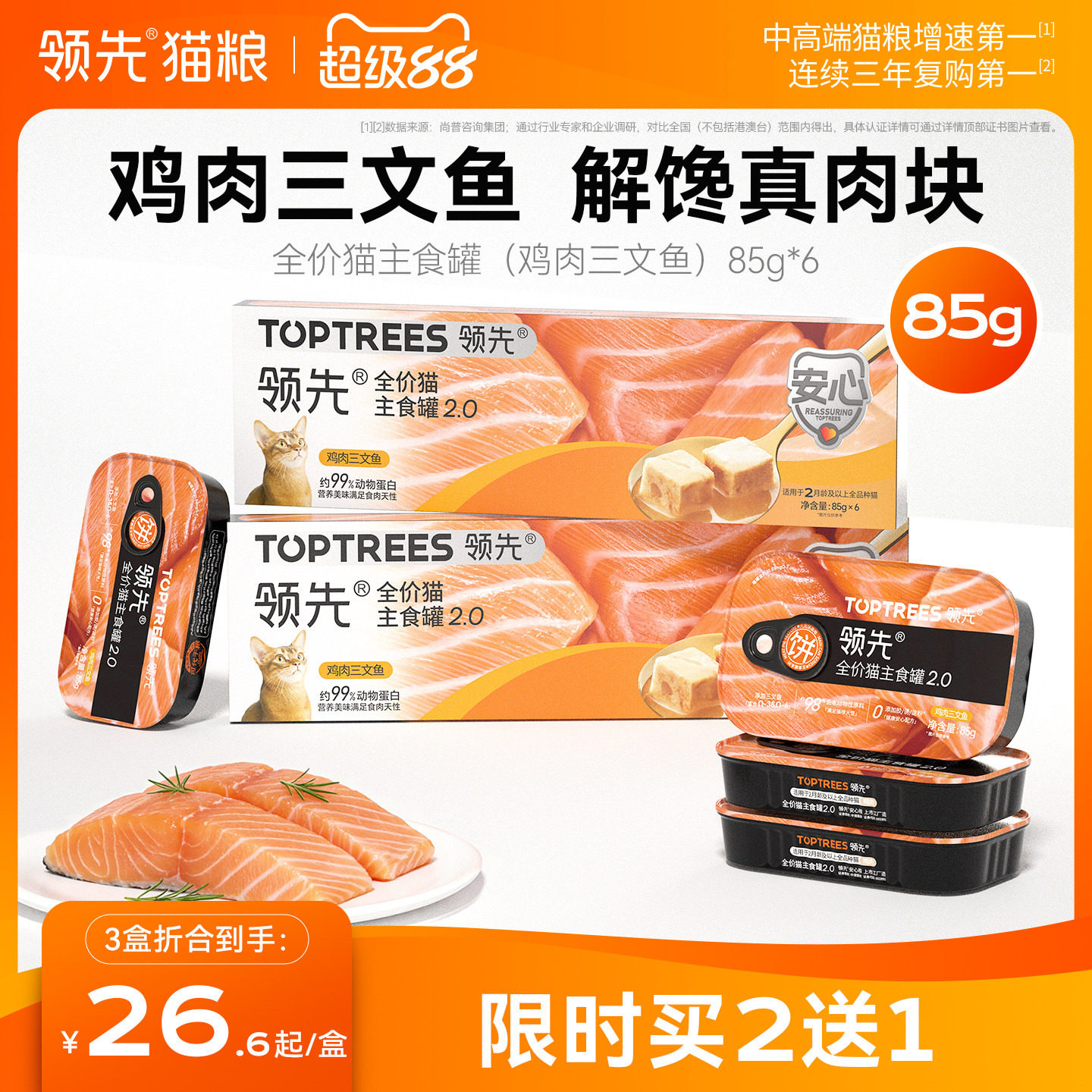 领先鸡肉三文鱼主食罐85g*48 114元 - 86线报