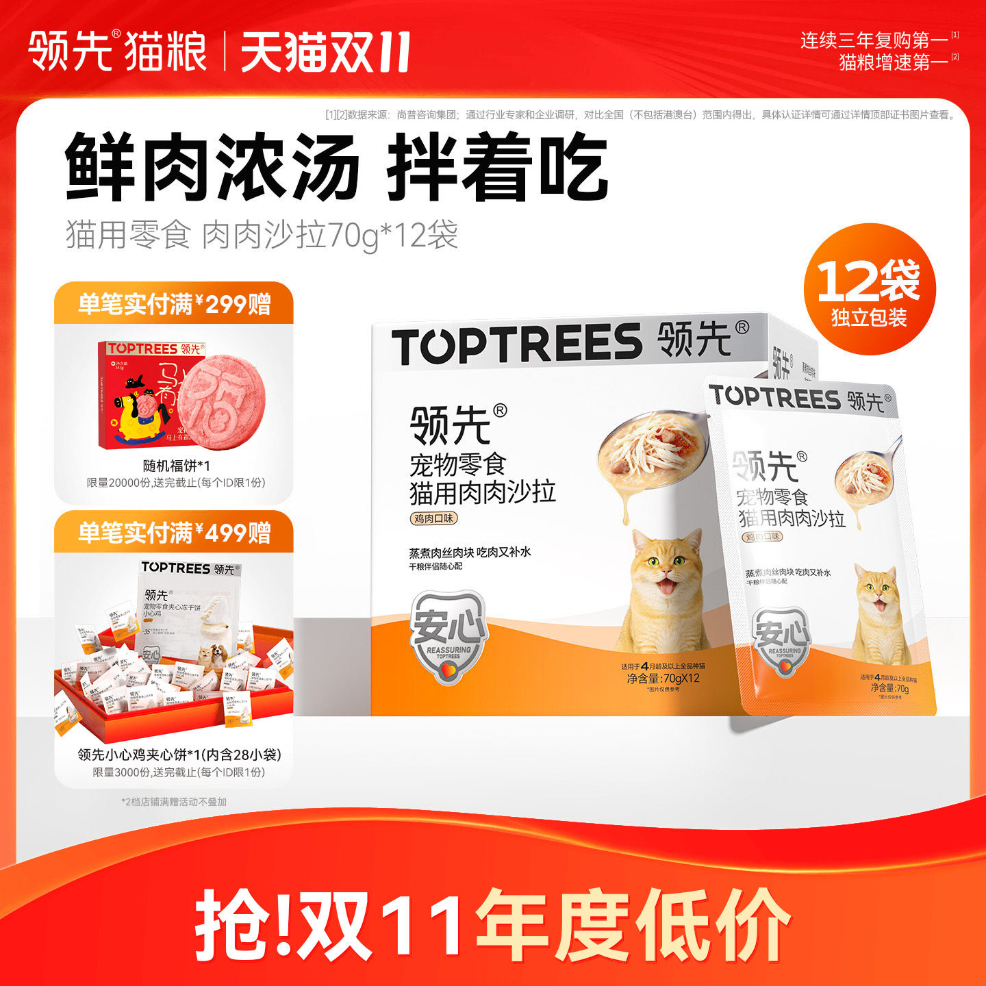 领先猫用肉肉沙拉猫咪零食罐头成幼猫湿粮补水汤包肉汤包70g*12