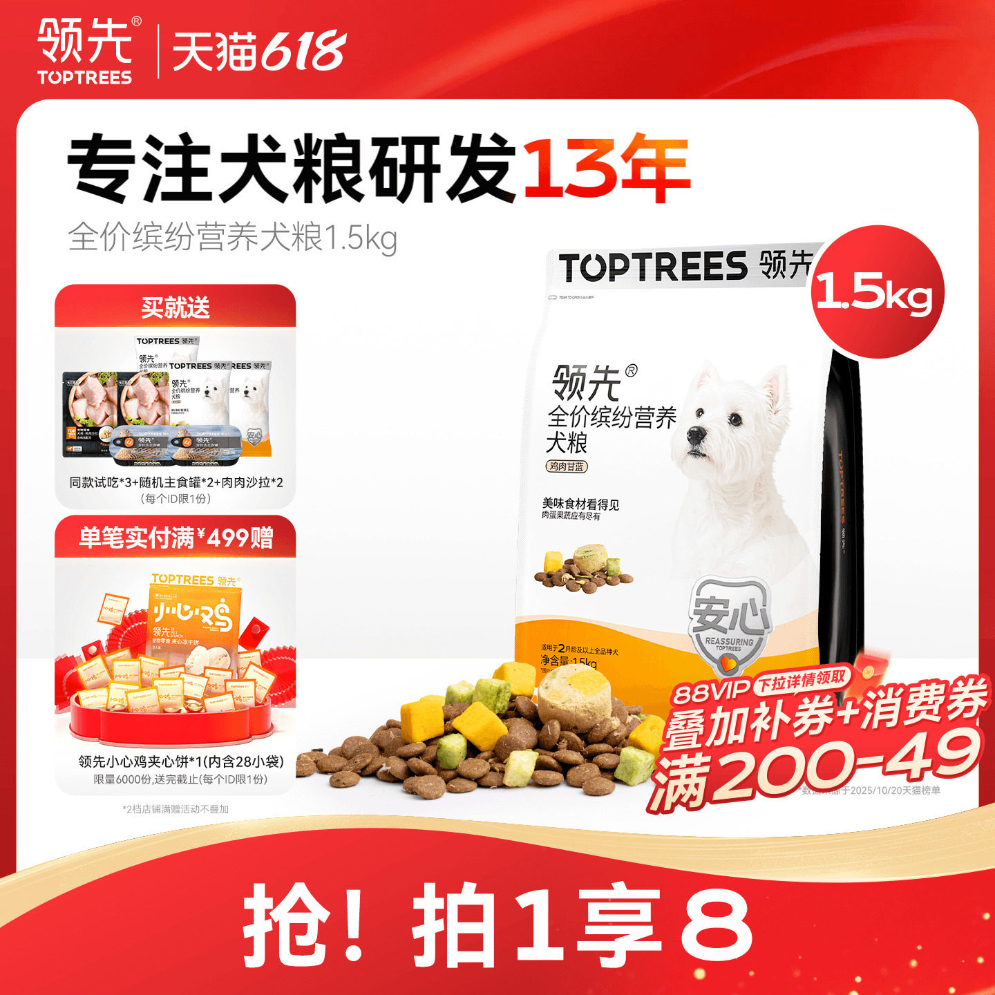 领先鲜肉果蔬狗粮1.5kg*4赠试吃150g 赠主食罐*2沙拉*2 129元 - 线报酷