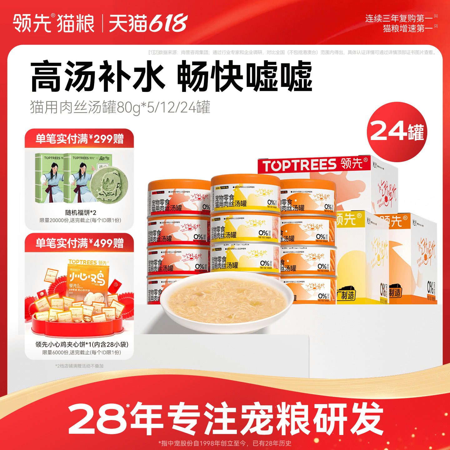 领先零食罐头补水成幼猫条湿粮猫咪零食肉丝汤罐无谷全价通用80g