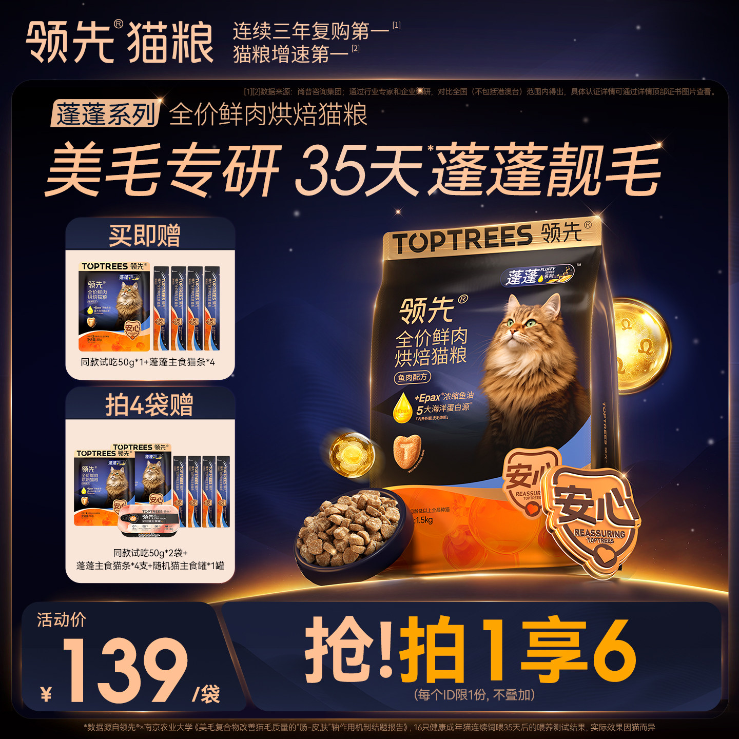 【重磅上新拍1享6】领先蓬蓬袋烘焙猫粮成猫美毛鲜肉粮鸡肉鱼肉