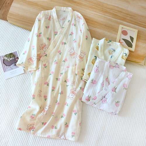 夏季睡袍女纯棉纱布睡衣日式和服睡裙家居服薄款透气浴袍汗蒸服