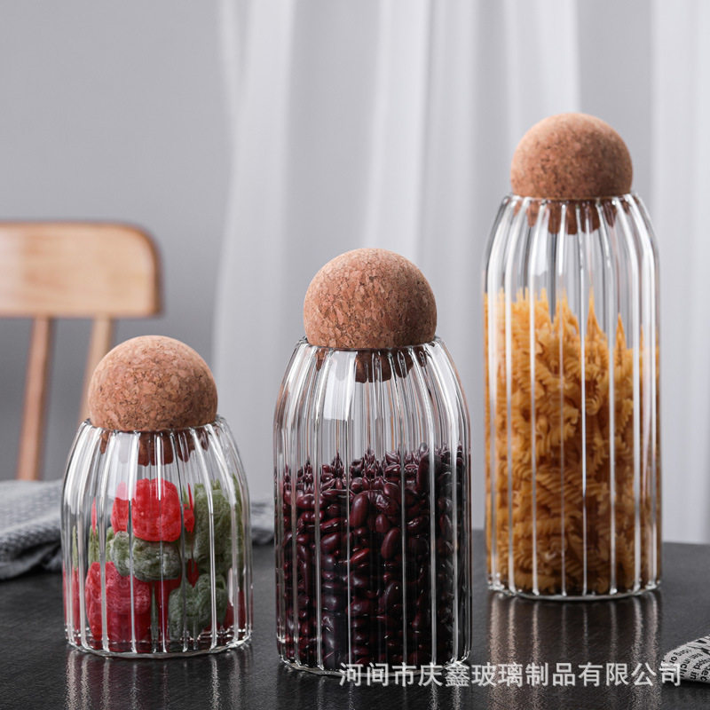 现货圆球密封罐咖啡豆高硼硅家用罐软木塞储物罐玻璃竖条纹罐