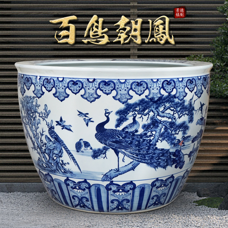 陶瓷鱼缸手绘青花瓷1米特大号锦鲤缸水缸睡莲荷花缸种树庭院别墅