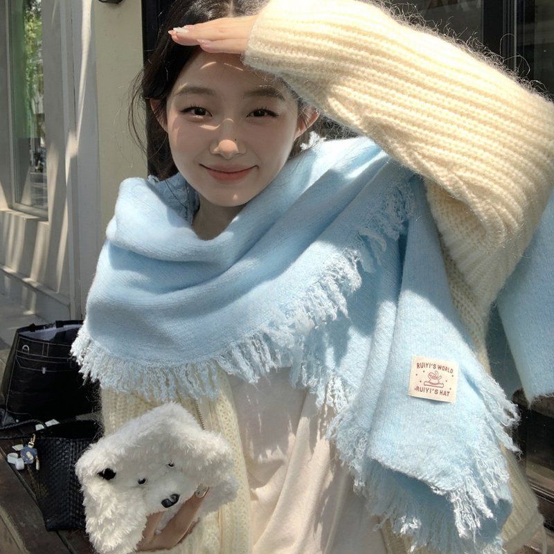 韩系氛围感baby蓝色针织围巾女