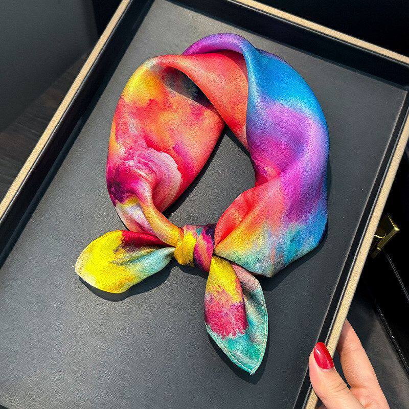 油画彩色真丝小方巾丝巾女春秋搭配衬衫脖子装饰纱巾薄围巾