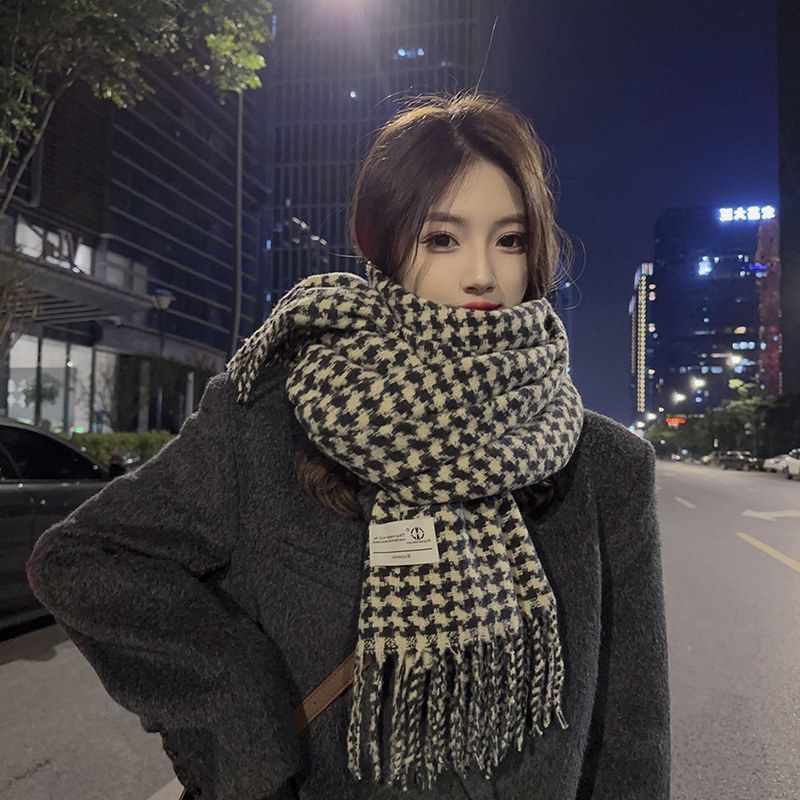 秋冬季撞色格纹围巾女冬季软绵