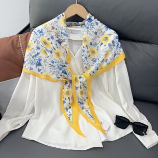 春夏透气薄款丝巾女时尚花朵装饰小披肩外搭领巾甜美显气质菱形巾