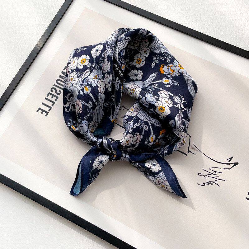 丝巾秋冬款真丝53小方巾蓝色小花女桑蚕丝高档围巾搭配衬衫领巾