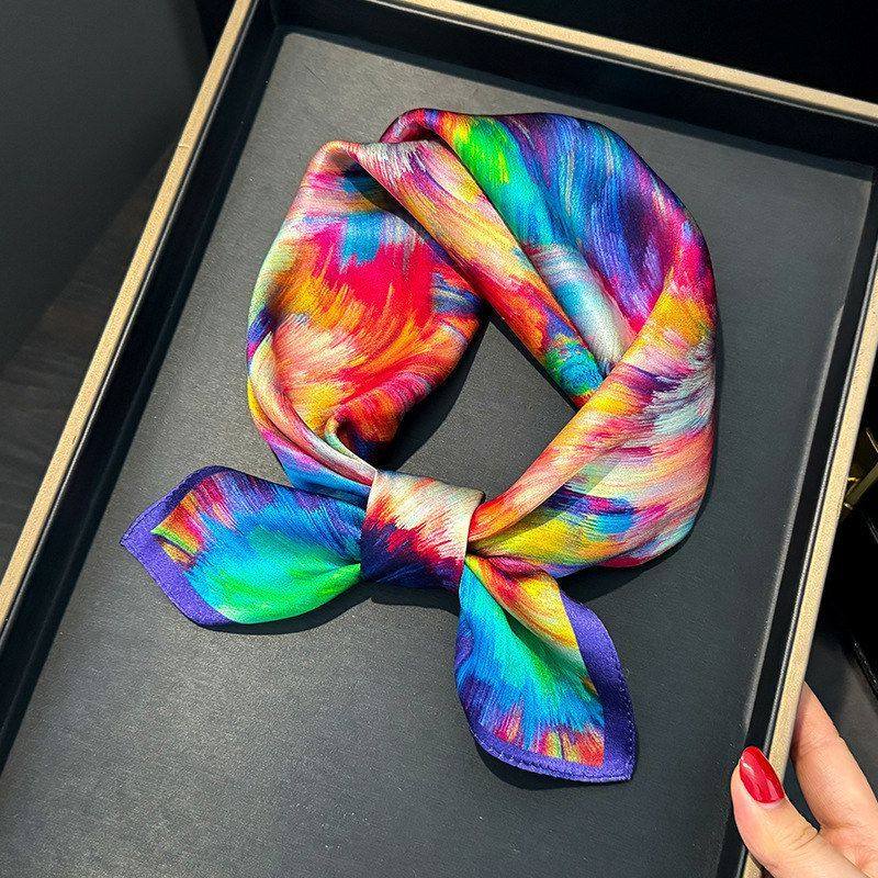 杭州丝绸彩虹油画真丝围巾披肩女100%桑蚕丝丝巾领巾53cm方巾