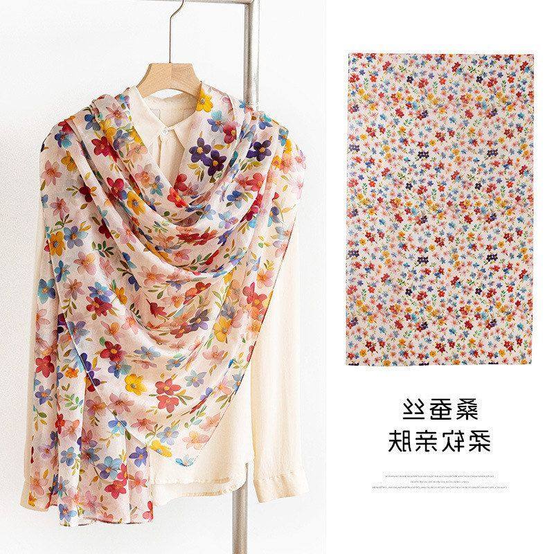 杭州炫彩小花丝绸丝巾真丝围巾洋纺大长条巾披肩围脖领巾女沙滩巾