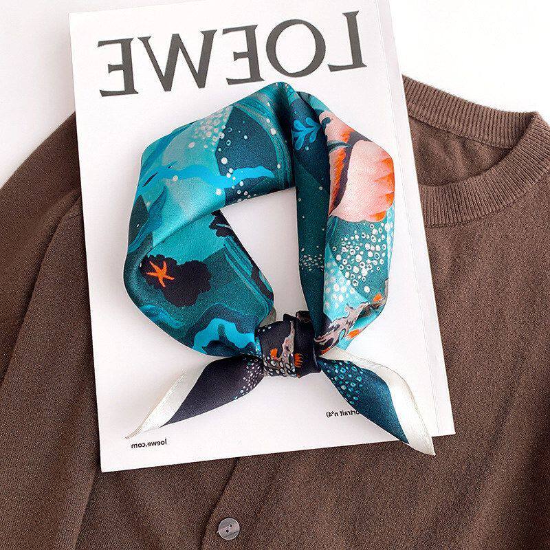 蓝色海洋真丝丝巾小方巾女春秋桑蚕丝围巾薄款韩国小领巾护颈椎