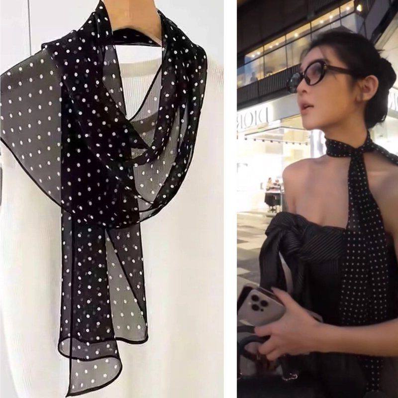 100%桑蚕丝法式赫本黑色波点长条小丝巾女真丝斜角飘带长款薄围巾