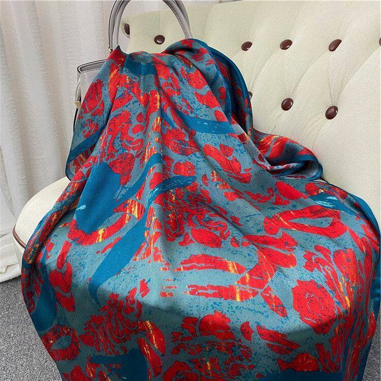 真丝丝巾女春夏季烈焰孔雀乔其缎桑蚕丝围巾长款披肩两用