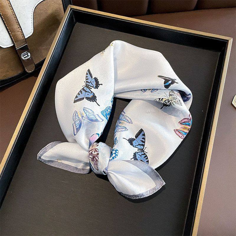 蝴蝶飞飞杭州丝绸真丝小方巾女春秋夏季百搭100％桑蚕丝围巾领巾