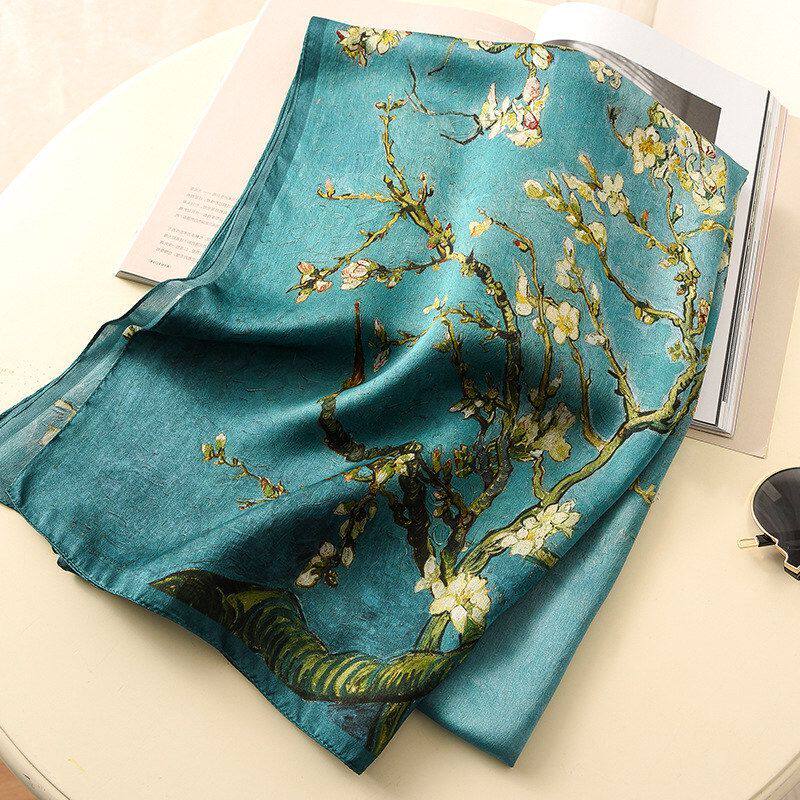 梵高油画杏花缎面真丝丝巾长款桑蚕丝围巾春秋季披肩两用送礼妈妈