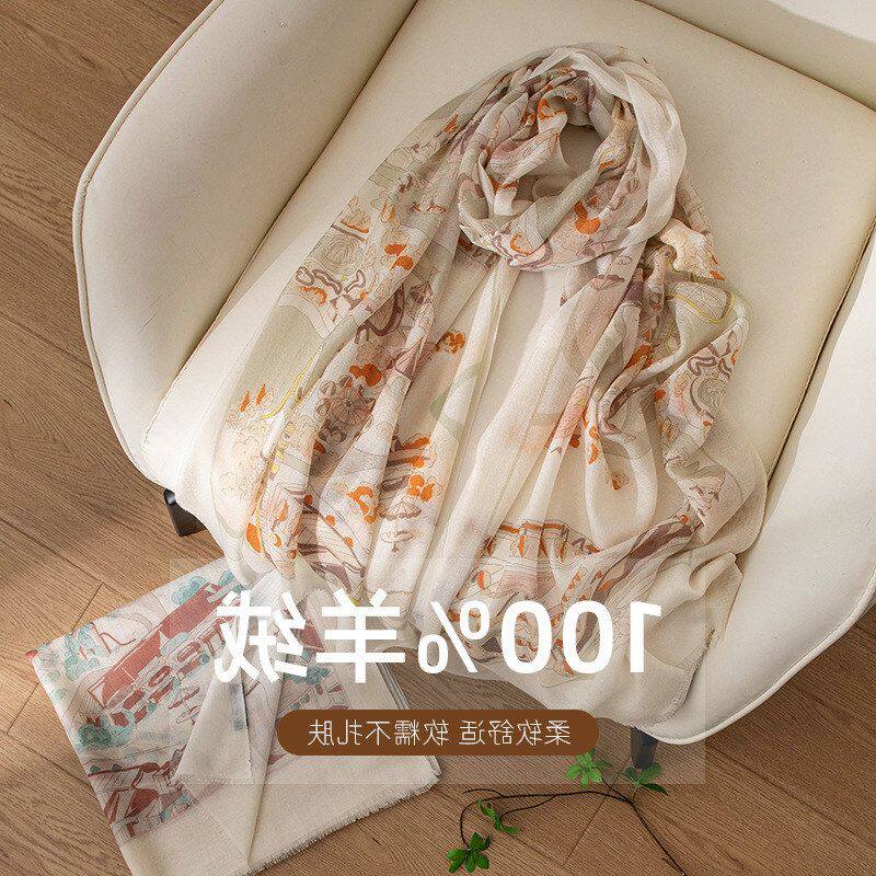 2025新中式100%羊绒丝巾围巾女春夏防晒水墨画印花办公室空调披肩