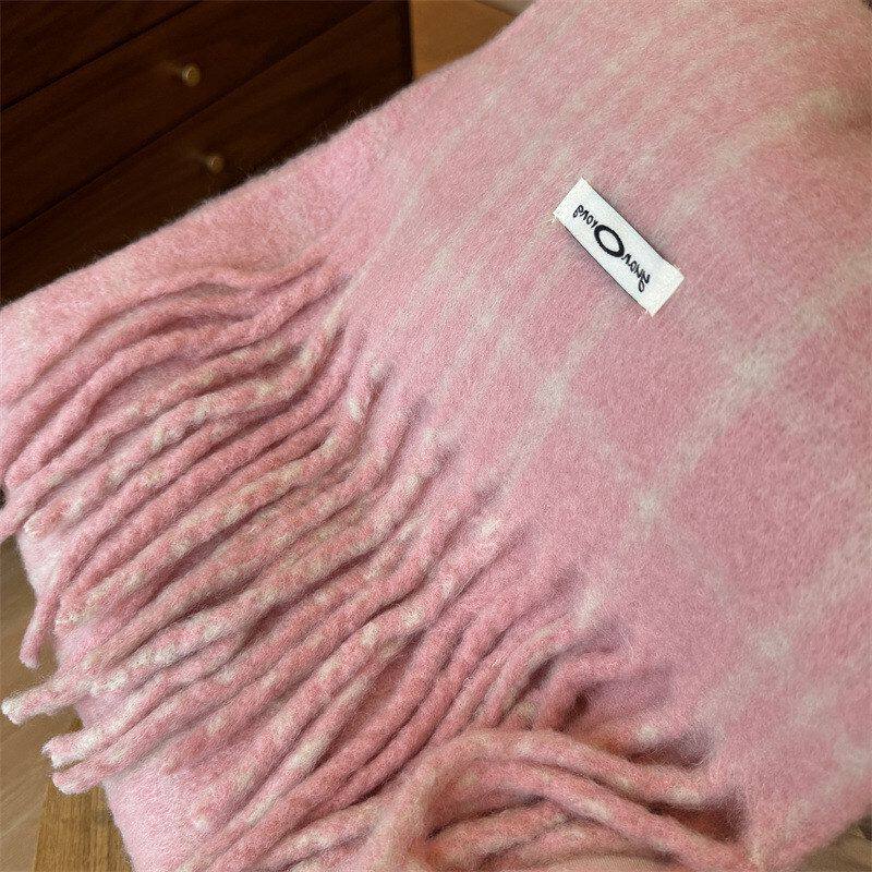 订纺纱含20羊毛混纺设计师红色格纹围巾女冬季韩版柔软围脖