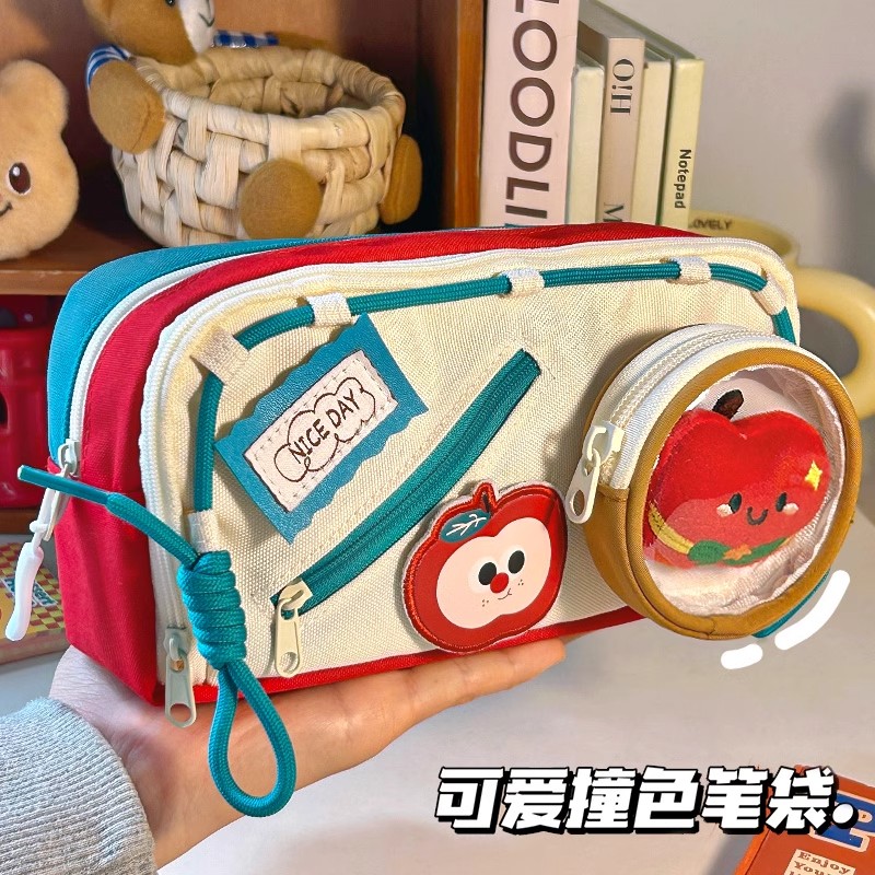 可爱苹果痛包笔袋撞色拼接食物文具盒铅笔盒文具袋高颜值ins风女