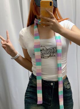 日系可爱y2k千禧辣妹彩虹围巾棉夏季ins条纹造型长条细围巾围脖潮