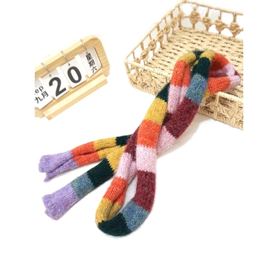 秋冬女韩版彩色[条纹拼色窄细长毛线针织围巾时髦多巴胺腊肠围脖