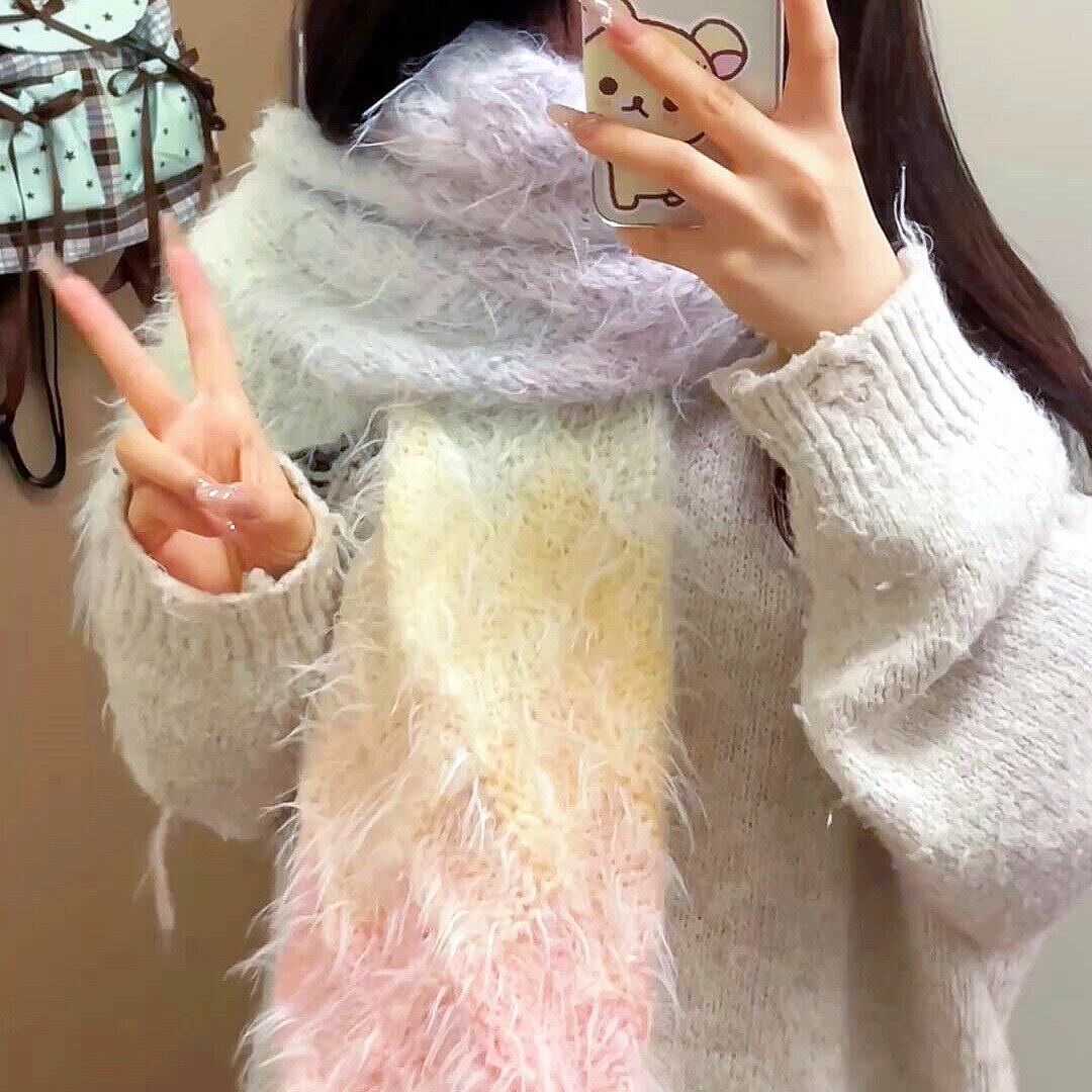 多巴胺彩色围巾毛线手织diy材料包手工编织秋冬季加厚围脖女款