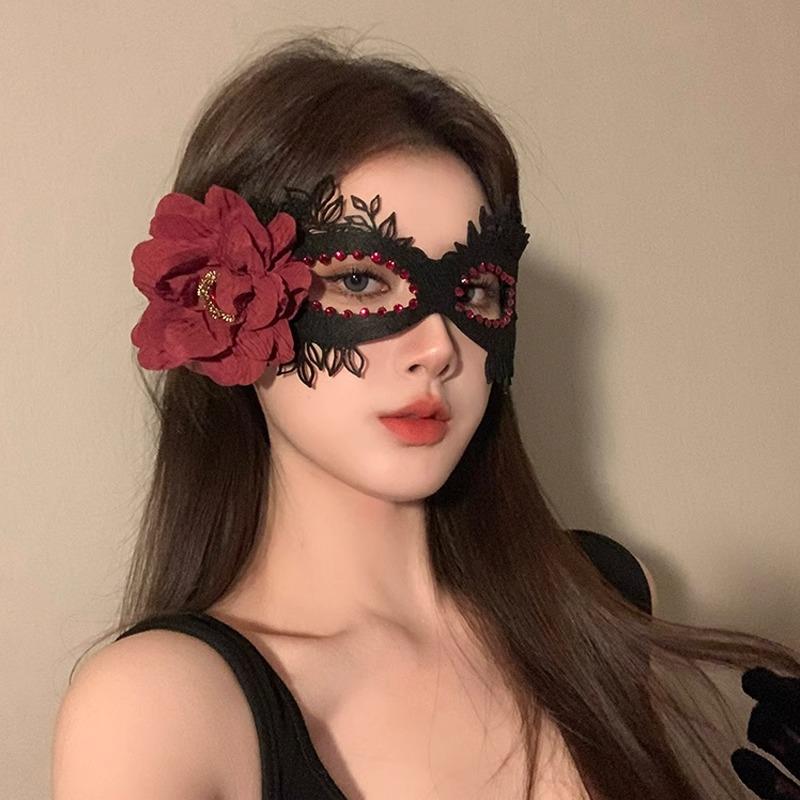 黑色花朵半脸面具女生眼罩蕾丝面罩cos晚会假面舞会装扮万圣节