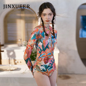 JINXUEER金雪儿长袖 防晒连体三角游泳衣小胸聚拢遮肚显瘦度假装