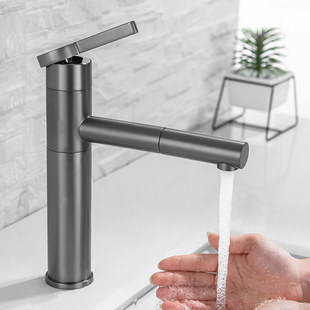 卫生间枪灰抽拉水龙头黄铜浴室洗脸面盆冷热旋转伸缩龙头北欧轻奢