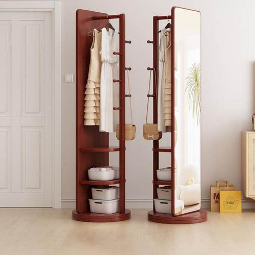 实木全身镜落地镜家用可移动旋转卧室全身镜子带挂衣架一体全身镜