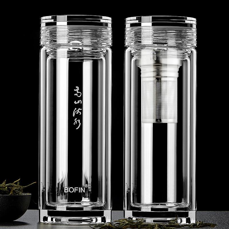 高山流水玻璃杯男女高档商务泡茶杯双层家用杯子办公大容量水杯