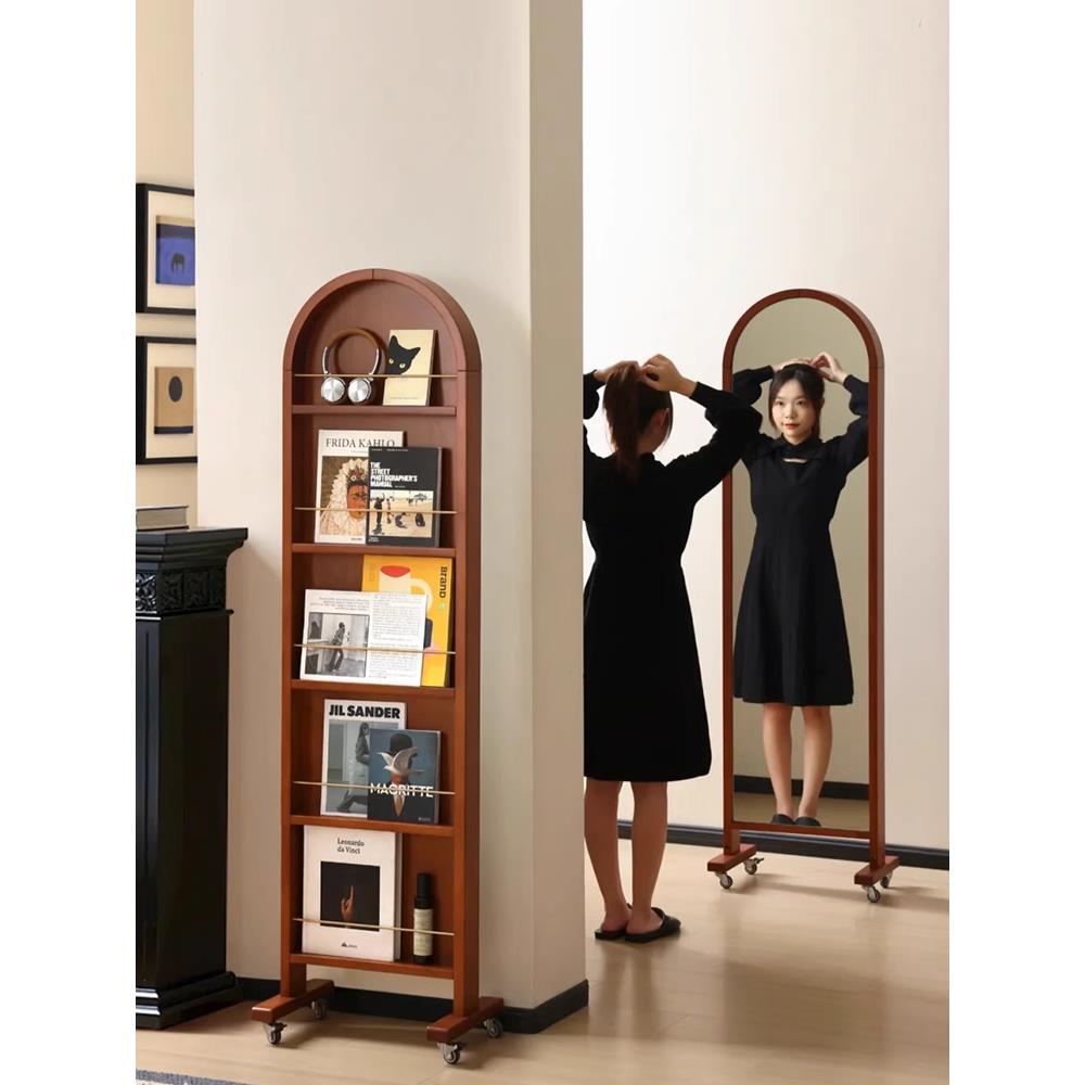 中复古实木穿衣镜可移动全身镜子旋转落地杂志书架收纳柜置物一体