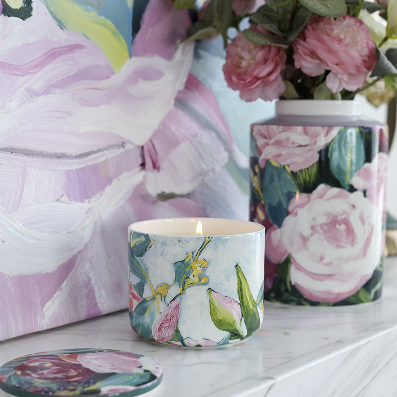 安娜16点油画玫瑰骨瓷圆形首饰盒棉签盒花香型香薰蜡烛带盖香薰罐