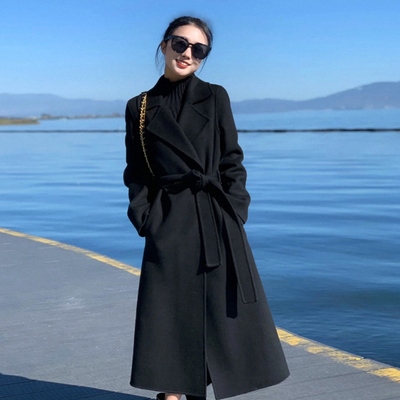 高端2025秋冬新款高级羊毛黑色双面羊绒大衣女中长腰带款毛呢外套