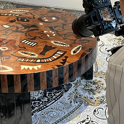 中古风实木彩绘茶几轻奢客厅家用设计师款圆形咖啡桌复古绘画茶几