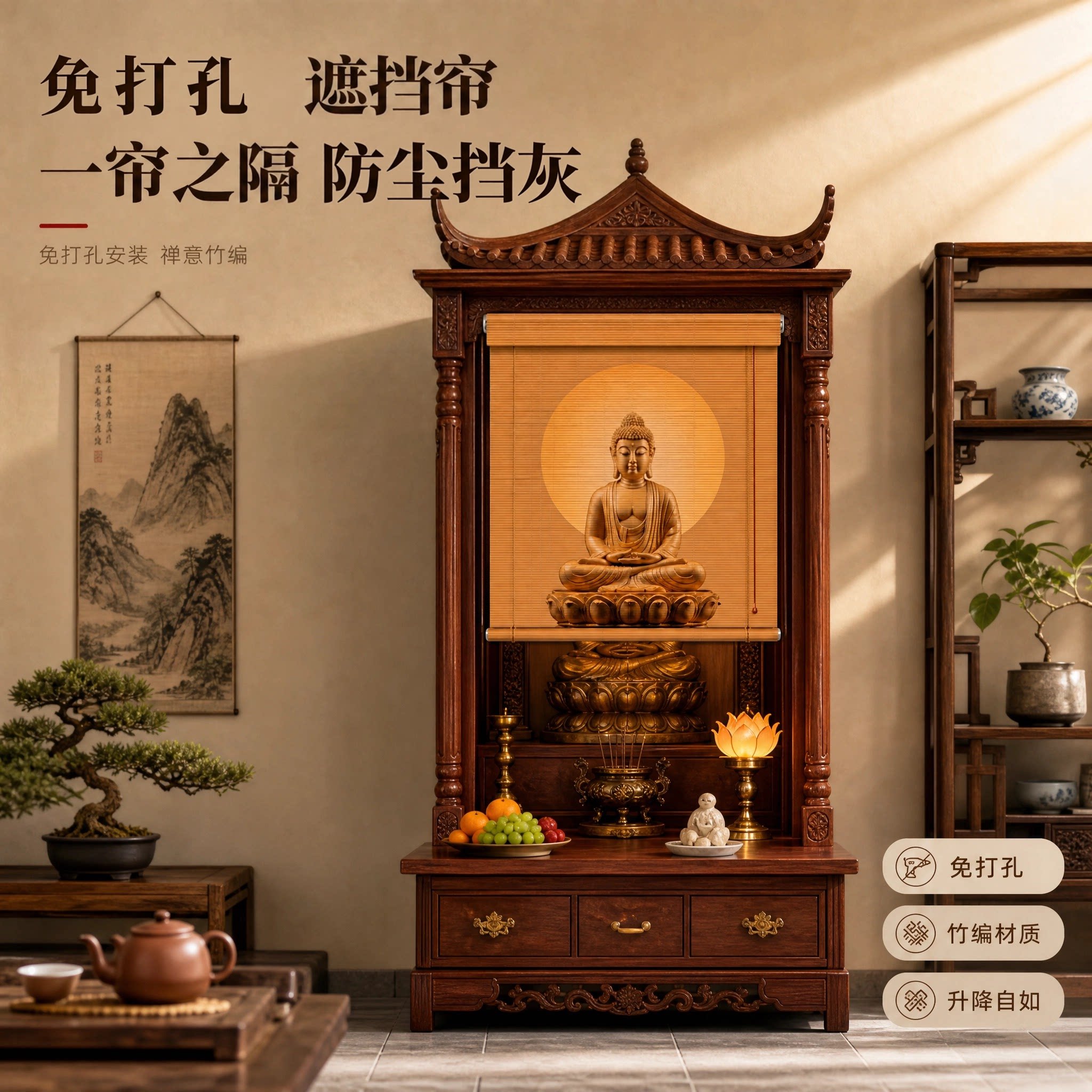 中式佛龛遮挡竹帘家用隔断遮挡