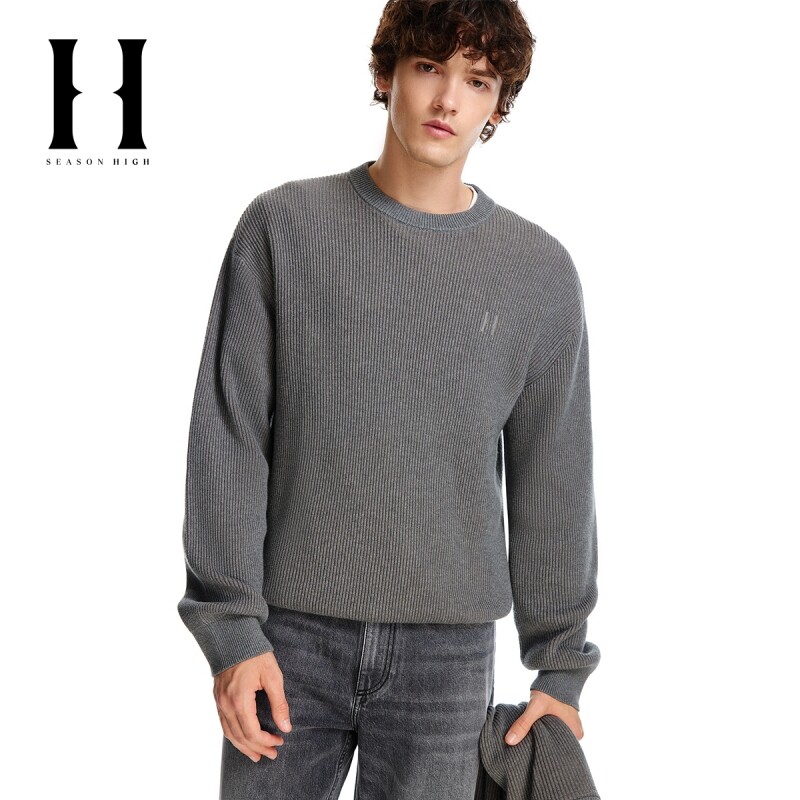 SEASONHIGH 24秋季款罗纹圆领字母毛衣纯色简约纯棉针织
