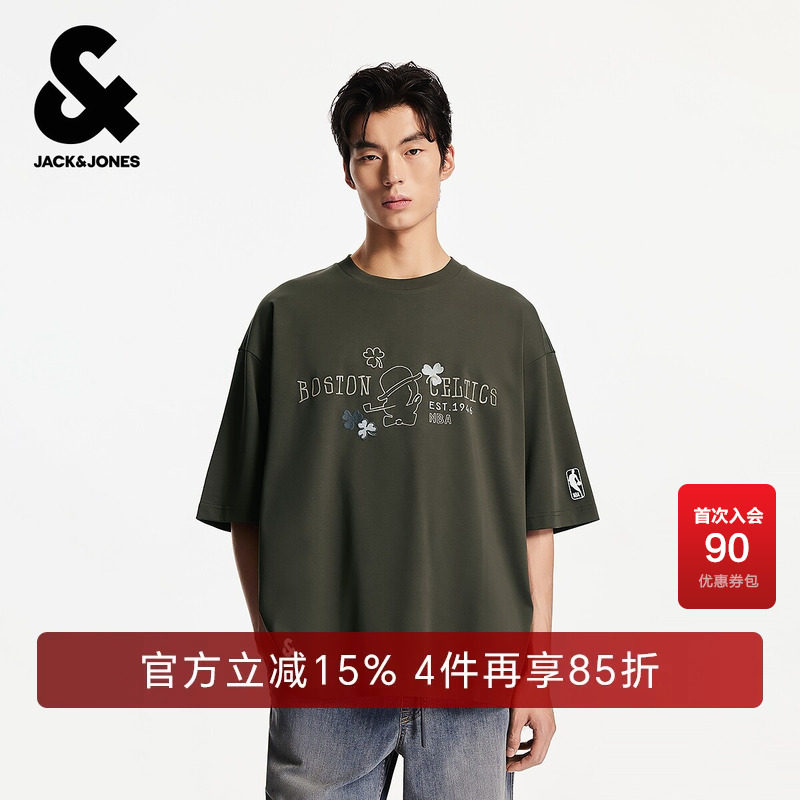 杰克琼斯男装NBA联名夏季新款纯棉舒适logo刺绣男士短袖T恤男款图片