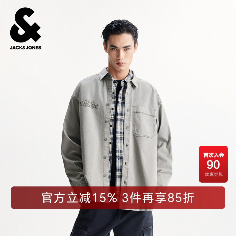 杰克琼斯男装秋季时尚字母翻领牛仔衬衫