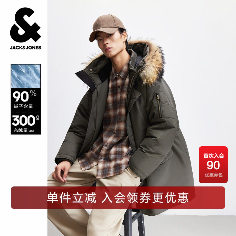 杰克琼斯秋冬季男装羽绒服宽松版型抽绳连帽字母刺绣时尚百搭潮流