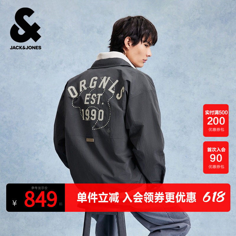 杰克琼斯春秋男装夹克上衣外套常规翻领字母刺绣设计百搭潮流休闲